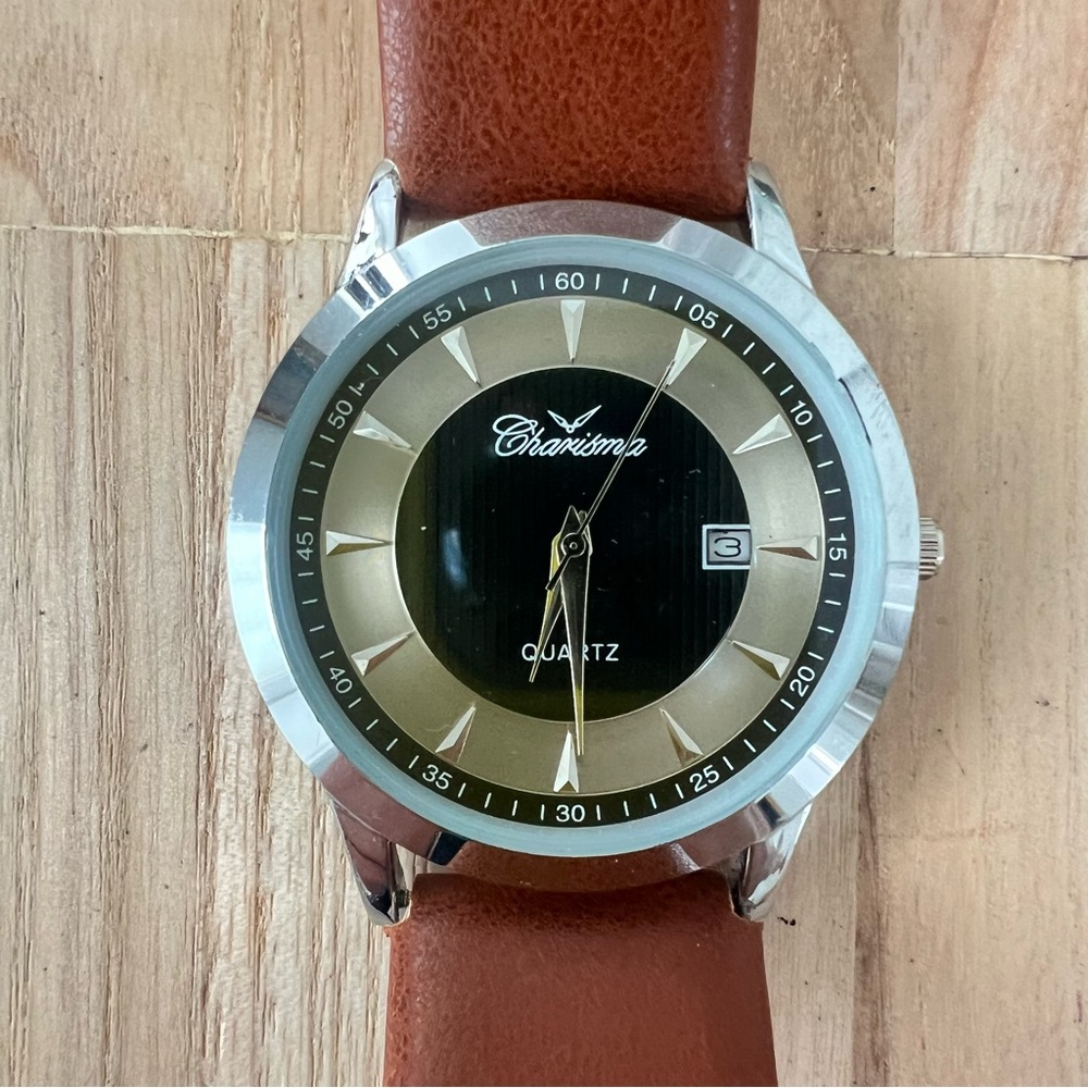 Charisma mens silver tone brown leather dress watch NEW BATTERY